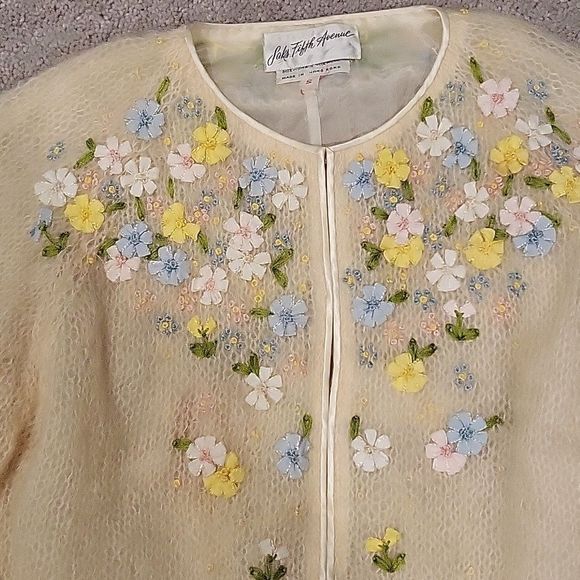 50s/60s Vintage Floral English Garden Cardigan Mohair Wool Blend Size Small - Picture 2 of 11
